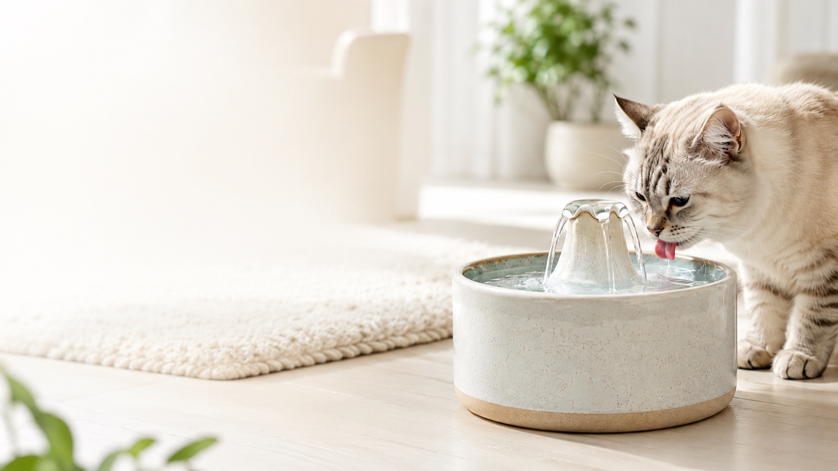 Chat buvant à une fontaine à eau en céramique