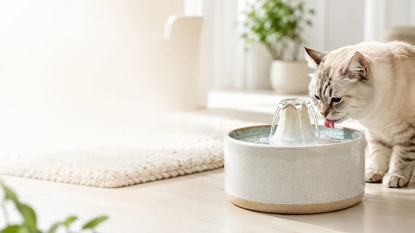 Chat buvant à une fontaine à eau en céramique