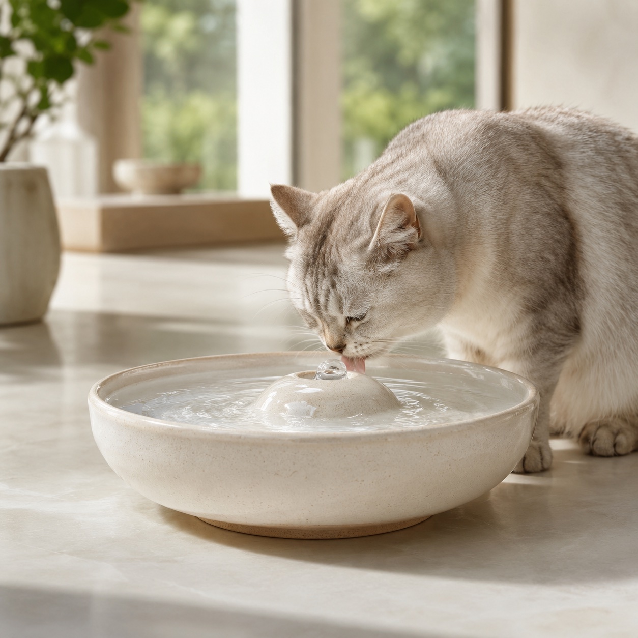 Chat buvant à une fontaine en céramique émaillée, eau saine sans BPA
