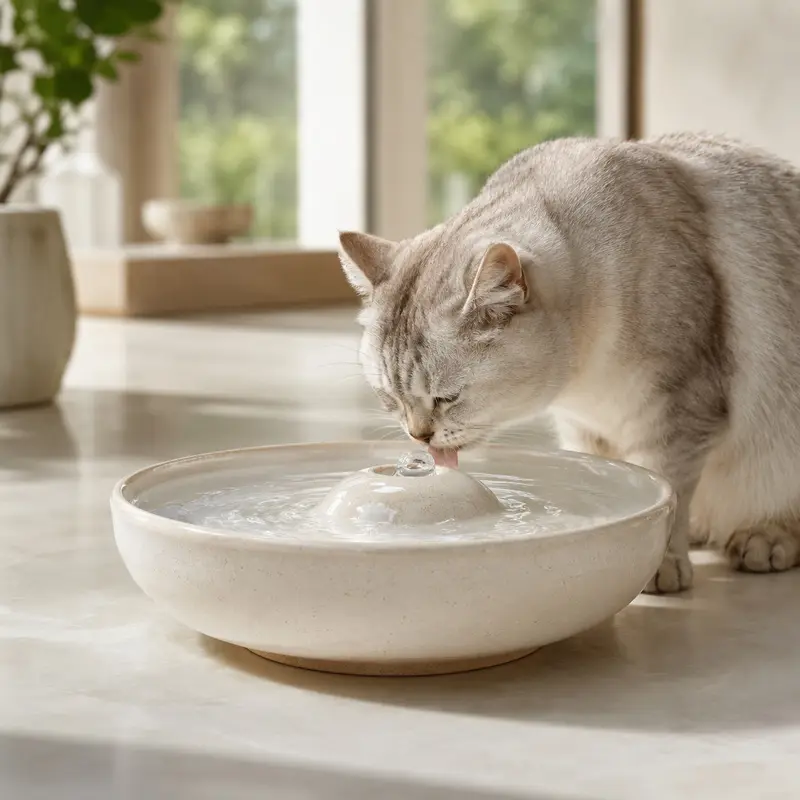 Chat buvant à une fontaine en céramique émaillée, eau saine sans BPA