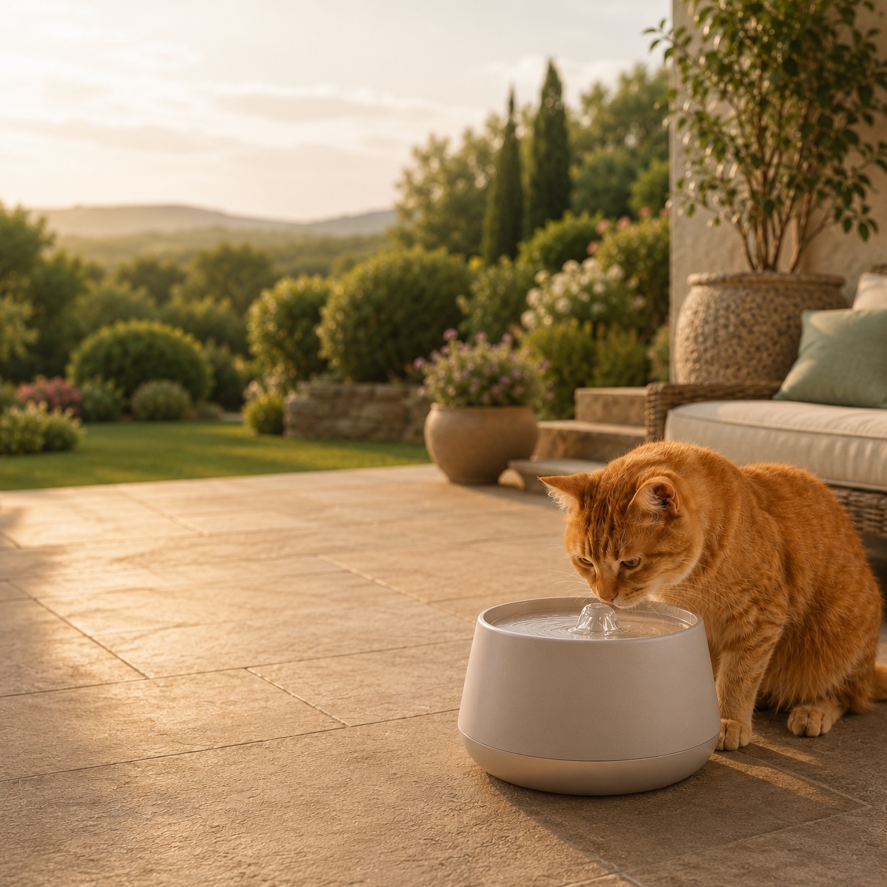 Fontaine sans fil posée sur une terrasse, sans câble