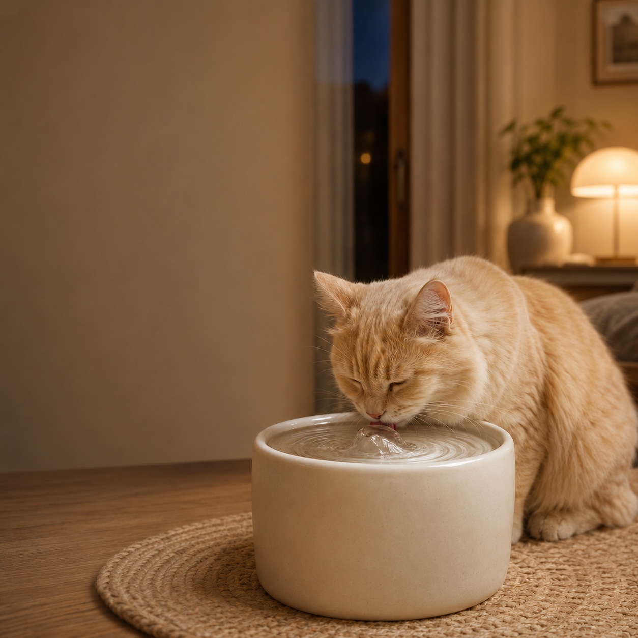 Chat qui boit à une fontaine silencieuse, le soir dans une chambre calme