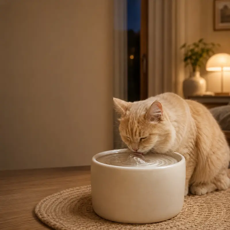 Chat qui boit à une fontaine silencieuse, le soir dans une chambre calme
